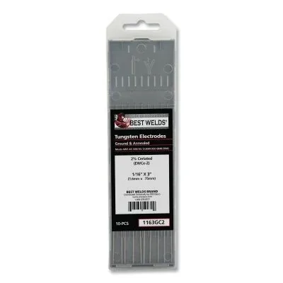 2% Ceriated Ground Tungsten Electrode, 1/16 in x 3 in, 10 PK