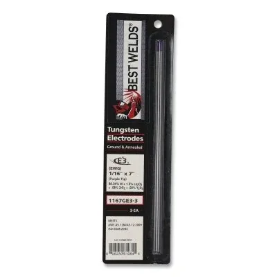 E3 Tungsten Electrode, 1/16 in dia x 7 in L, 3 PK