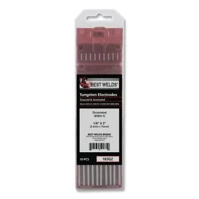 Zirconiated Ground Tungsten Electrode, 1/8 in dia x 3 in L, 10 PK