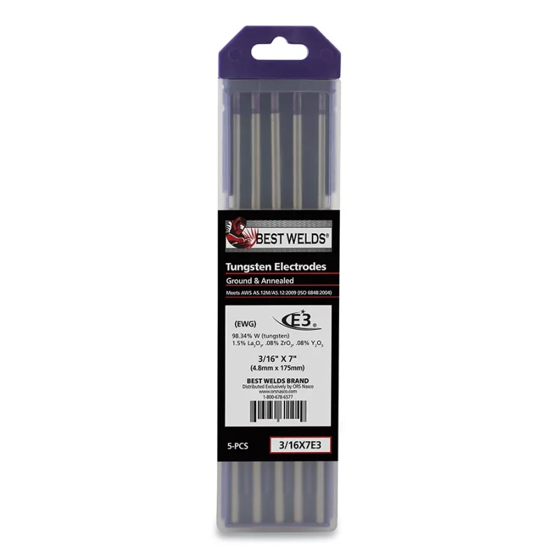 E3 Tungsten Electrode, 3/16 in dia x 7 in L, 5 PK