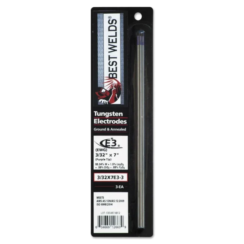 E3 Tungsten Electrode, 3/32 in dia x 7 in L, 3 PK