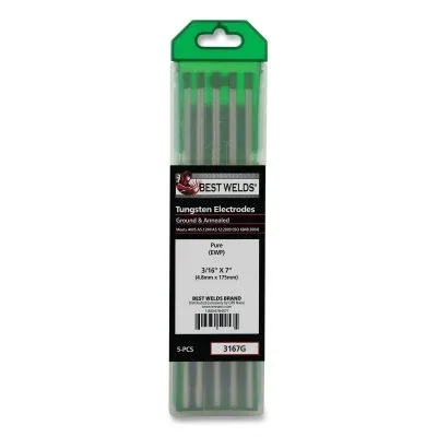 Pure Ground Tungsten Electrode, 3/16 in x 7 in, 5 PK