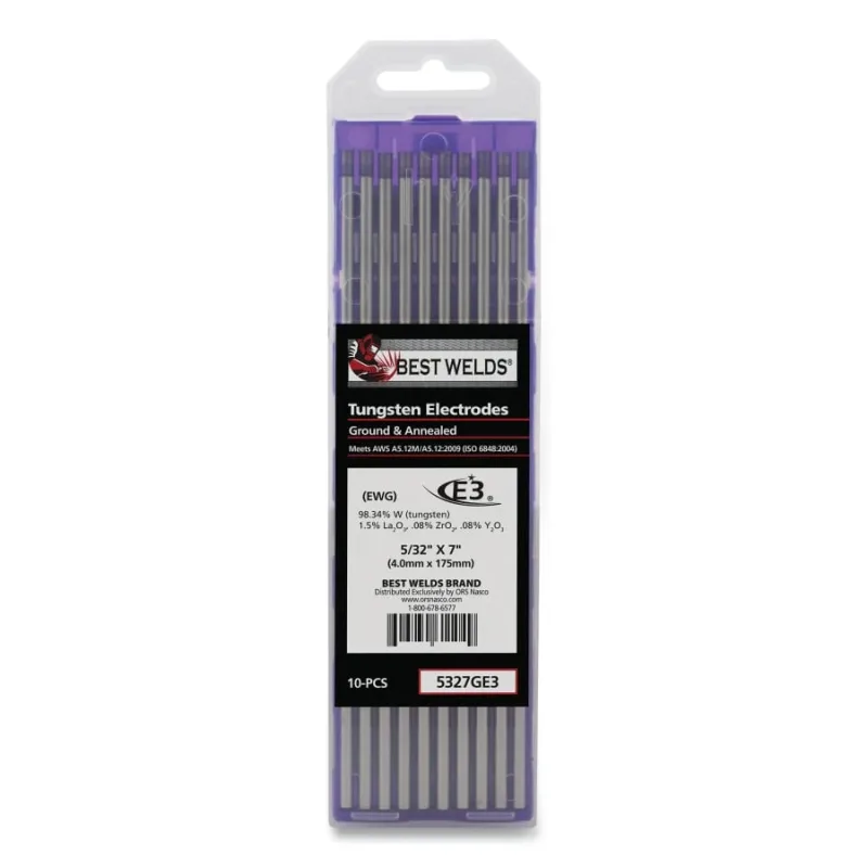 E3 Tungsten Electrode, 5/32 in dia x 7 in L, 10 PK