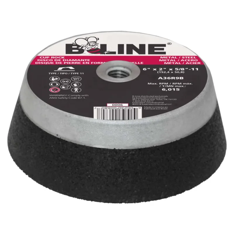 Cup Wheel, 6 in dia, 2 in Thick, 5/8 in-11 Arbor, 36 Grit, Alum Oxide