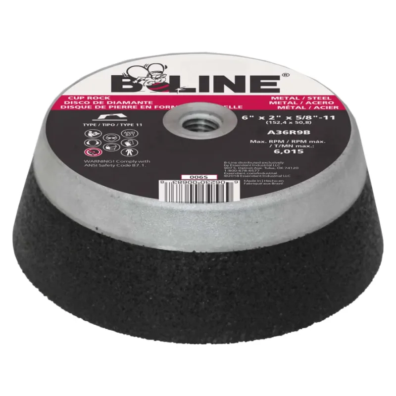 Cup Wheel, 6 in dia, 2 in Thick, 5/8 in-11 Arbor, 36 Grit, Alum Oxide