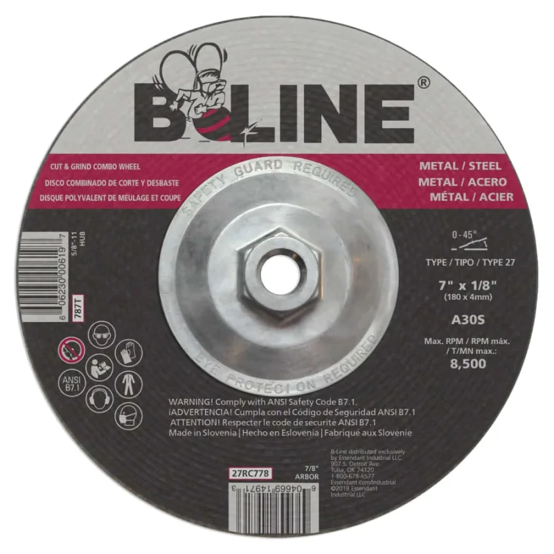 Depressed Center Combo Wheel, 7 in dia, 1/8 in Thick, 7/8 in Arbor, 30 Grit, Aluminum Oxide