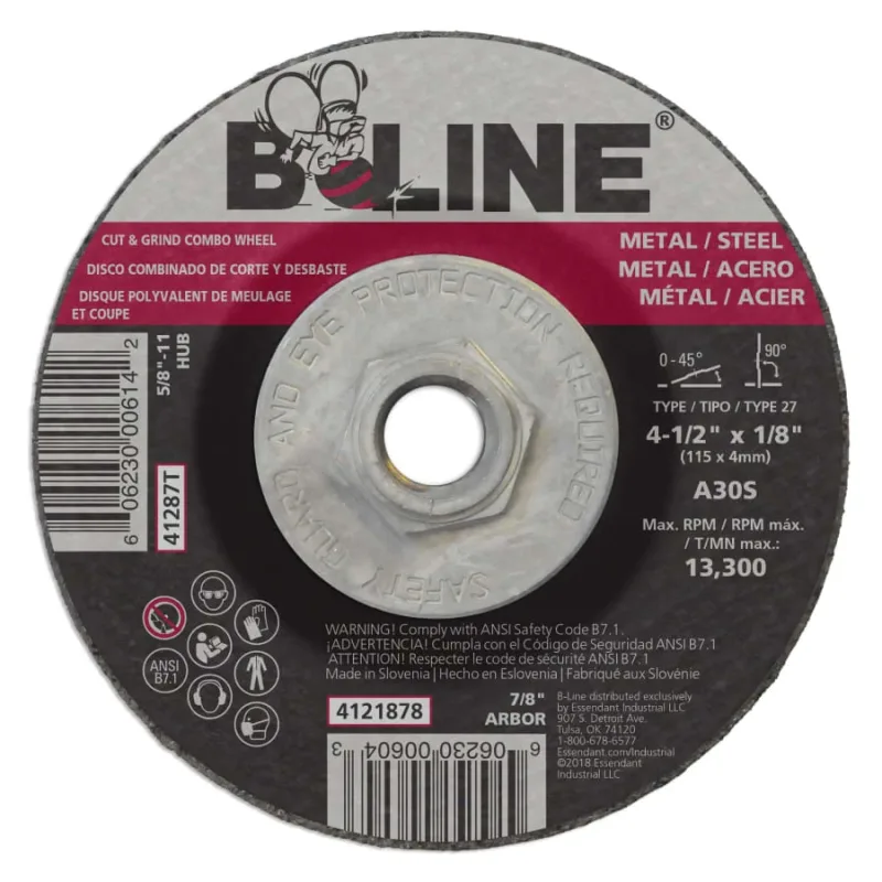 Depressed Center Combo Wheel, 4-1/2 in dia, 1/8 in Thick, 5/8 in-11 Arbor, 30 Grit, Aluminum Oxide