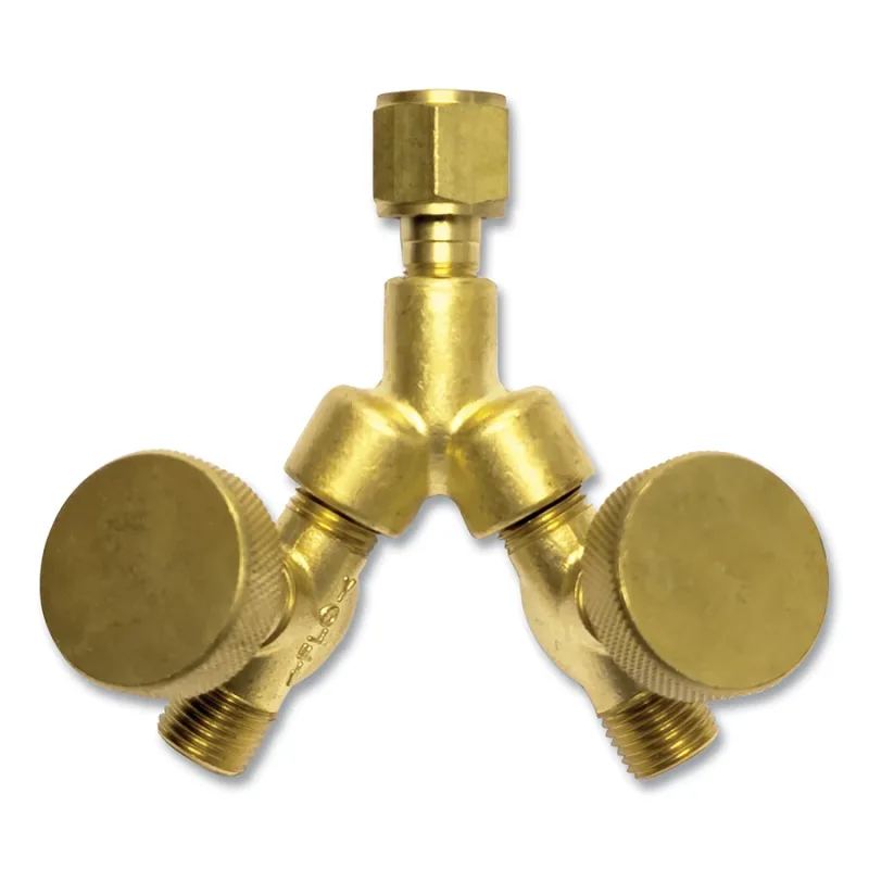Brass Y-Connector with shut-off valves for oxygen, B-Size 9/16 in - 18 Righ Hand