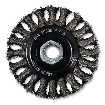 Wire Wheel Brush, 4 in dia, 5/8 in-11 Bore, 0.020 Wire Size, Carbon Steel, 20000 RPM