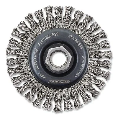 Wire Wheel Brush, 6 in dia, 5/8 in-11 Bore, 0.020 Wire Size, Stainless Steel, 12000 RPM