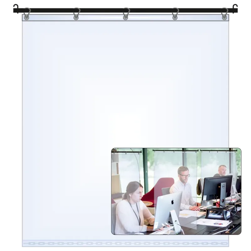 ARMOUR GUARD 54" W X 36" H HANGING CLEAR SAFETY DIVIDER  SCREEN , contains 7/8" dia pipe, screen with eyelets weighted at the bottom and  hanging rings (chain, line, rope not included). A Lab report has been conducted and shows no PBT Chemicals prese