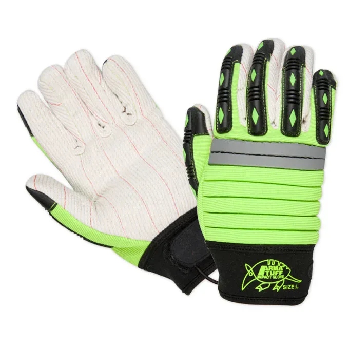 Arma-Tuff Impact Glove, natural poly/cotton corded double-ply palm, accordion-style extra firm EVA foam padded fluorescent green back, reflective knuckle strap, TPR impact protection on fingers and thumb, reinforced textured PVC thumb crotch, neopren
