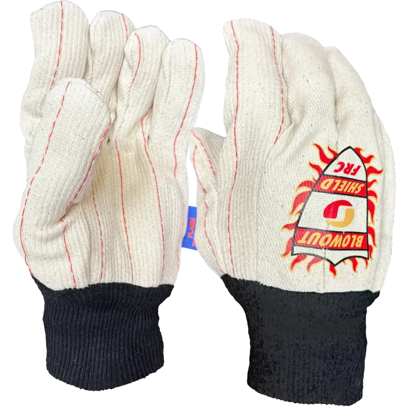 Blowout Shield, heavyweight, 100% cotton cord, natural color, flame retardant, black flame retardant knit wrist.  Color: Natural.  Case Quantity: 144 (1 Week Lead Time)