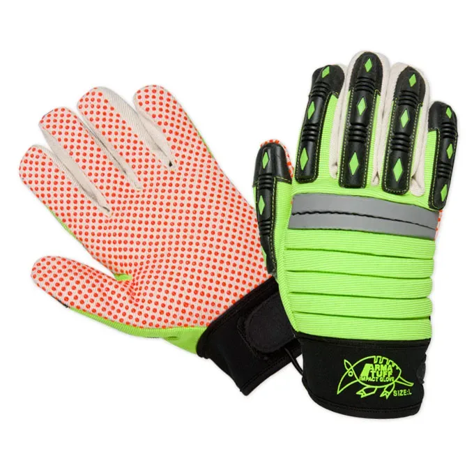 Arma-Tuff Impact Glove, super-sticky orange silicone dot palm, accordion-style extra firm EVA foam padded fluorescent green back, TPR impact protection on fingers and thumb, reinforced textured PVC thumb crotch, neoprene cuff. Color: Green. Size: M. 