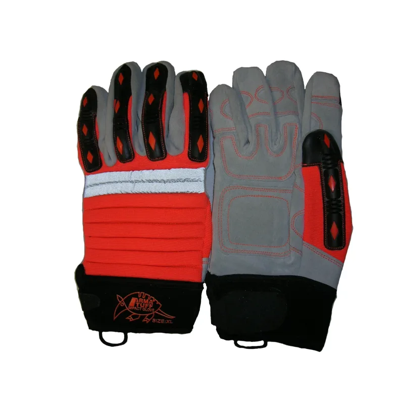 Arma-Tuff Impact Glove, extra-durable split cow leather palm, accordion-style extra firm EVA foam padded fluorescent orange back, TPR impact protection on fingers and thumb, reinforced textured PVC thumb crotch, neoprene cuff. Color: Orange. Size: L.