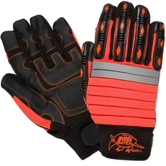 Armadillo Impact Glove, synthetic leather palm with textured PVC patches, accordion style extra firm EVA foam padded fluorescent orange back, TPR impact protection, reinforced textured PVC thumb crotch,neoprene cuff. Color: Orange.  Size: L. Case Qty
