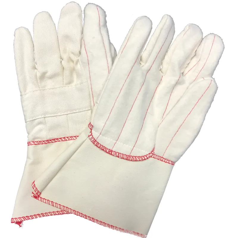 Hot Mill glove, heavy weight, triple-ply, 100% cotton outer, nap out, knuckle strap, duck gauntlet.  Color: Natural. Size: S. Case Quantity: 72