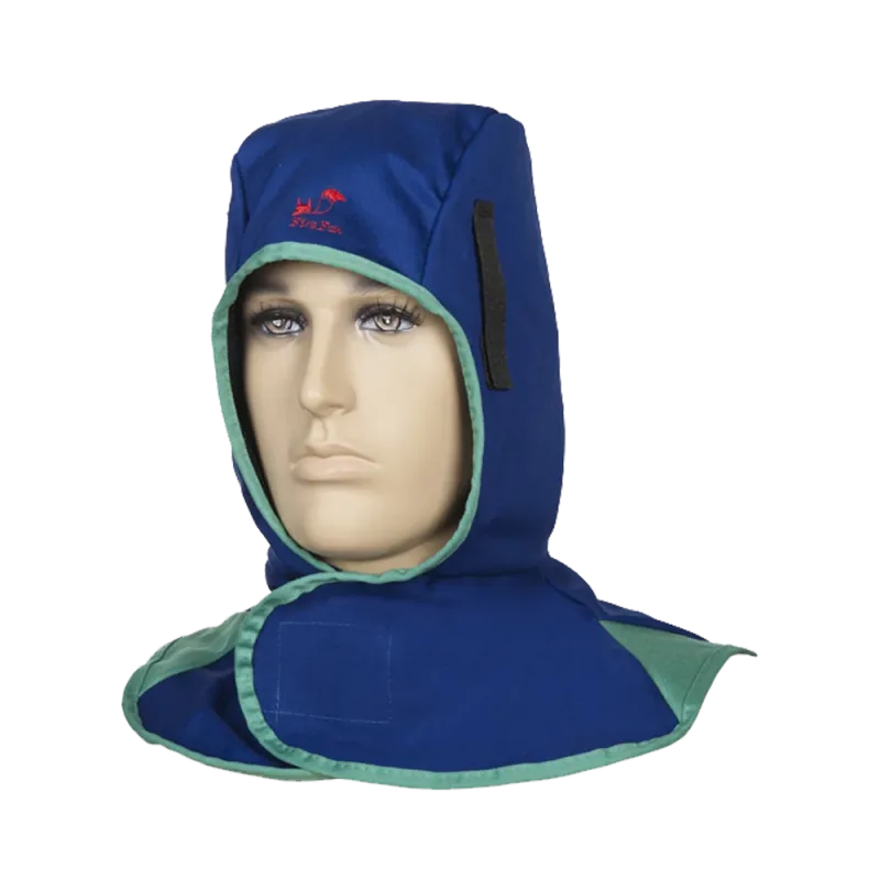 Royal Blue hood resistant to flame and welding spatter, retains flame retardancy for up to 50 home washings.